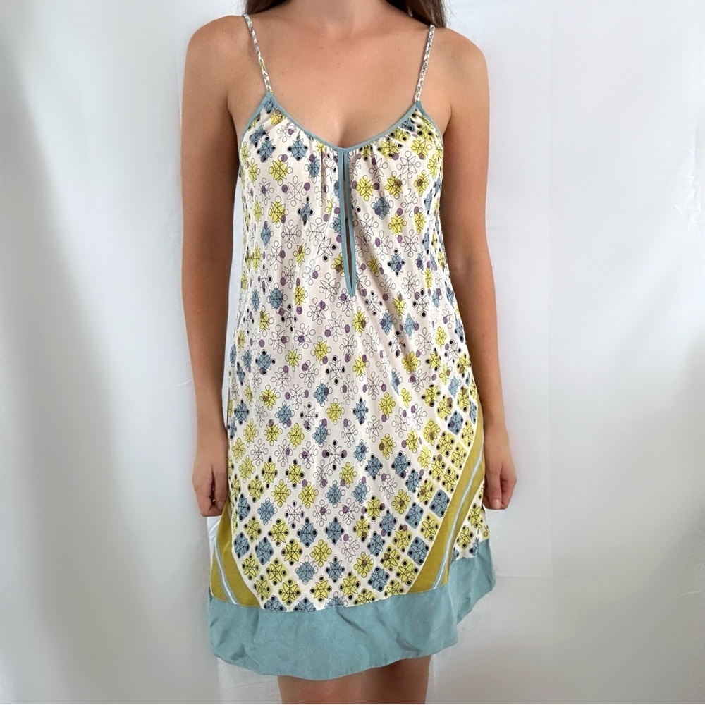Anthropologie burning torch silk dress retro blue green cream mini cami small